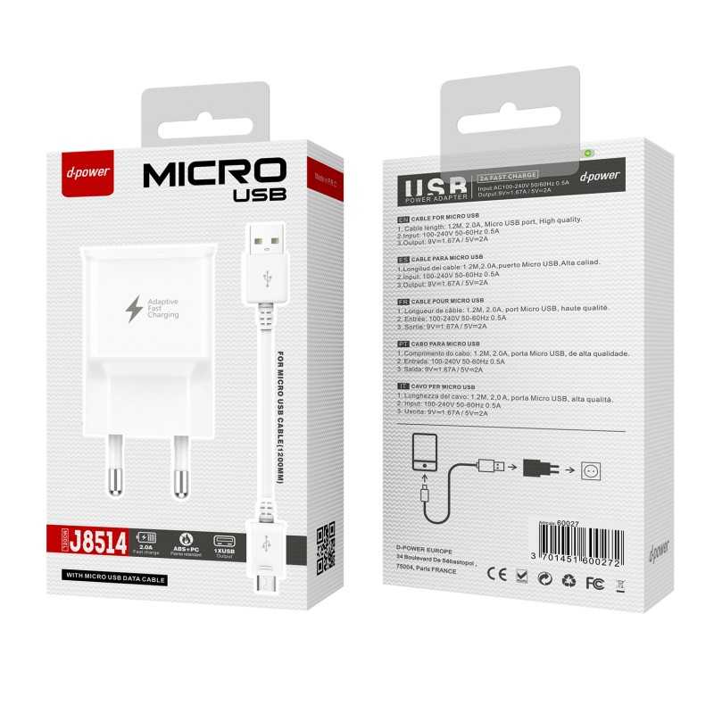 Chargeur secteur câble rapide Micro USB Blanc J8514